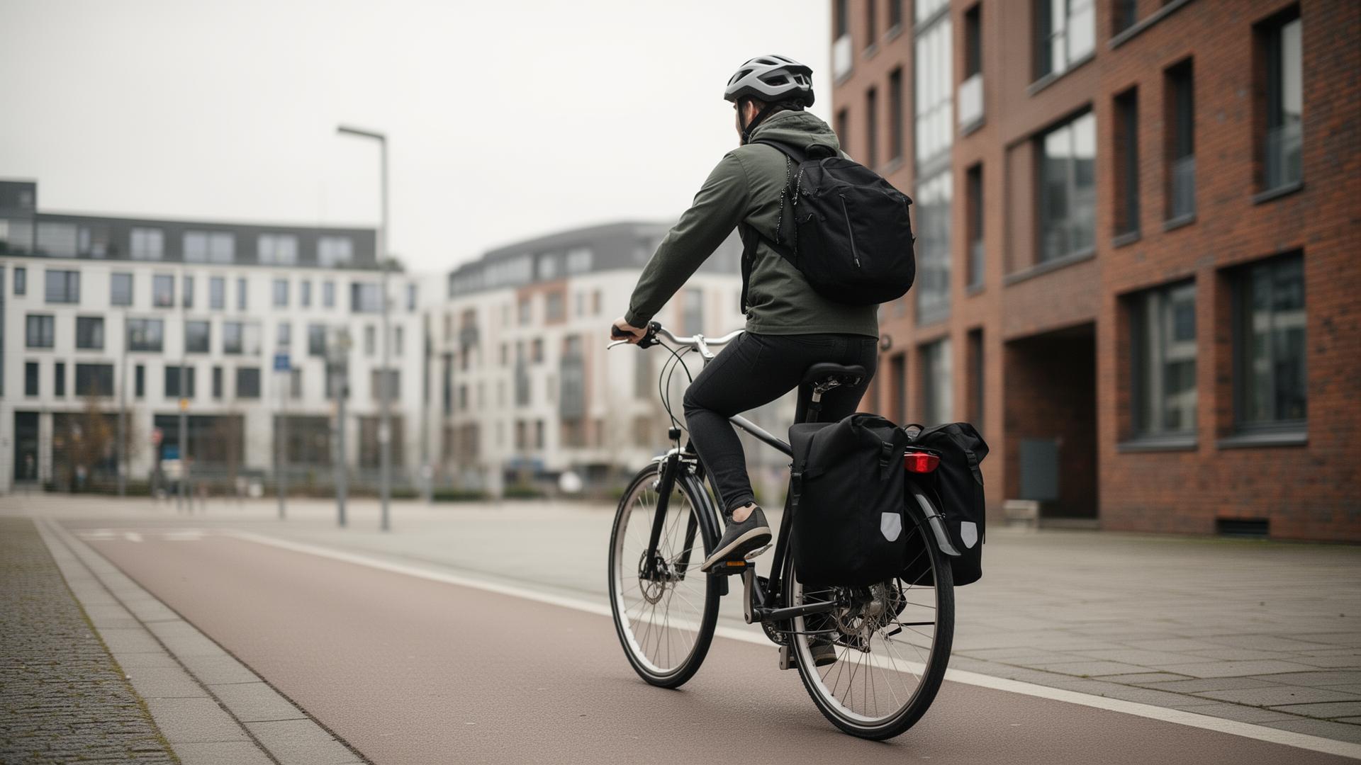 Stadtradfahrer mit Packtasche auf einem Radweg — der ADFC-Online-Shop